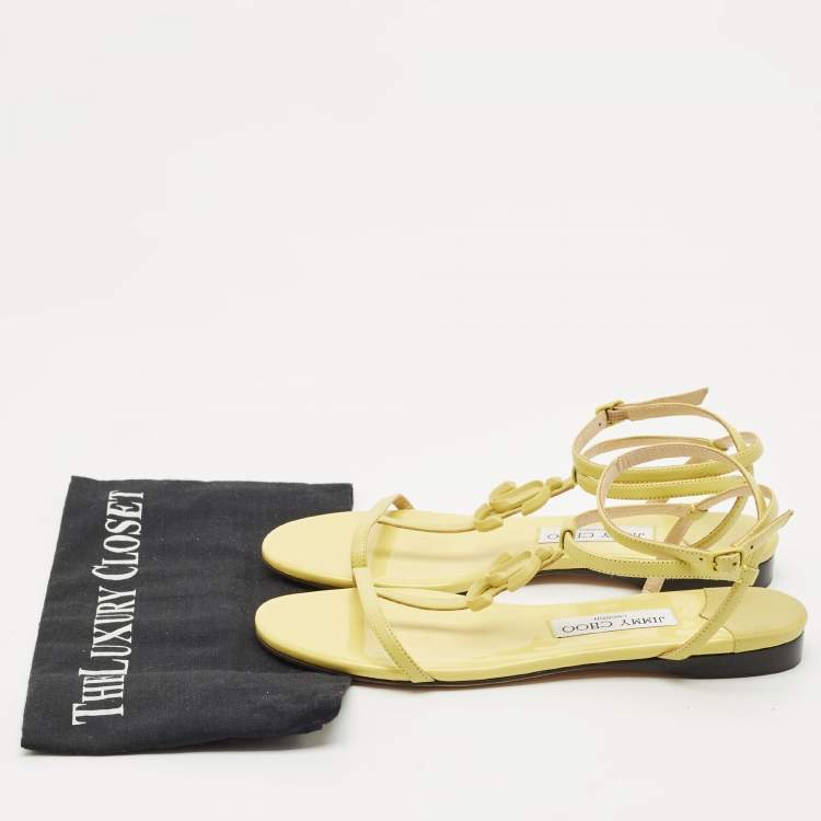 Pre Owned Jimmy Choo Neon Yellow Leather Alodie Flat Sandals Size 38