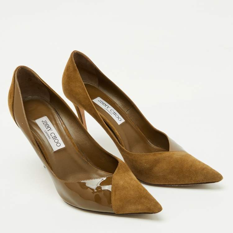 Pre Owned Jimmy Choo Caper Green Patent Leather and Suede Cass Pointed Toe Pumps Size 41.5