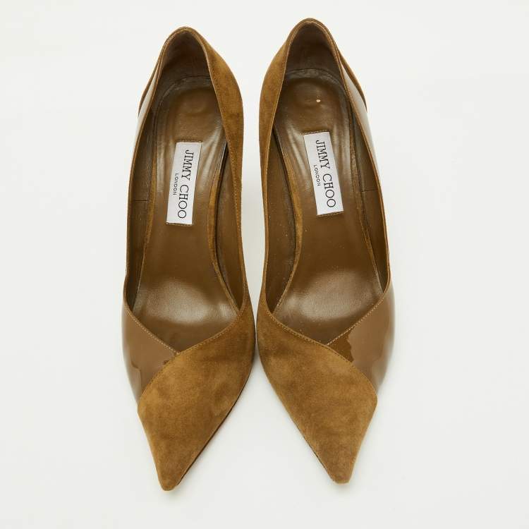 Pre Owned Jimmy Choo Caper Green Patent Leather and Suede Cass Pointed Toe Pumps Size 41.5
