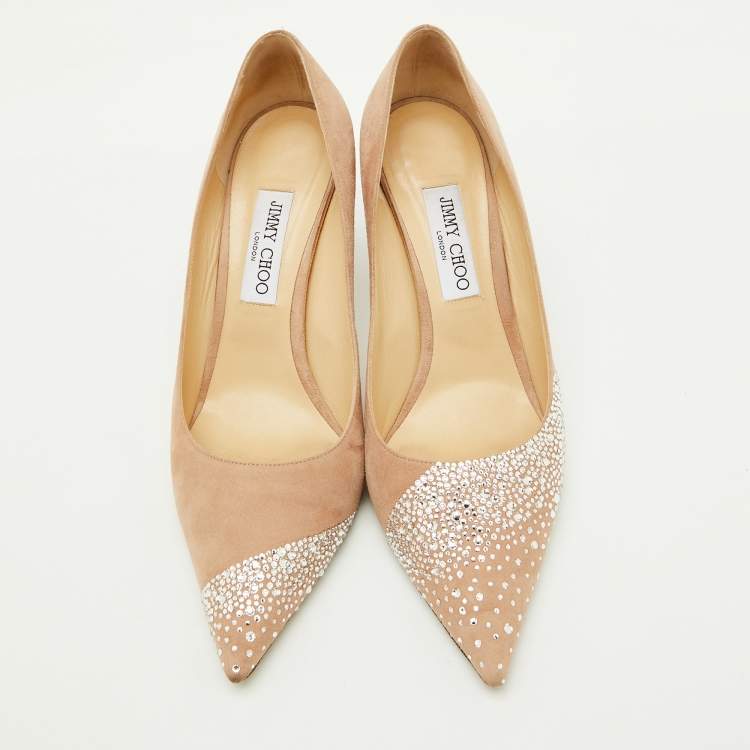 Pre Owned Jimmy Choo Beige Suede Crystal Embellished Love 85 Pumps Size 41.5