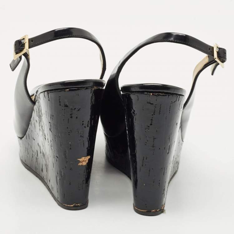 Pre Owned Jimmy Choo Black Patent Platform Wedge Slingback Sandals Size 41