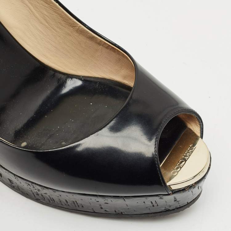 Pre Owned Jimmy Choo Black Patent Platform Wedge Slingback Sandals Size 41