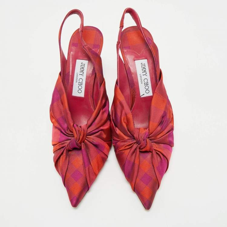 Pre Owned Jimmy Choo Pink/Orange Plaid Fabric Knot Pointed Toe Slingback Pumps Size 40