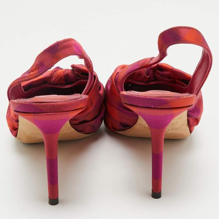 Pre Owned Jimmy Choo Pink/Orange Plaid Fabric Knot Pointed Toe Slingback Pumps Size 40
