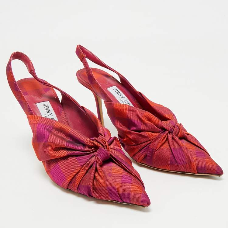 Pre Owned Jimmy Choo Pink/Orange Plaid Fabric Knot Pointed Toe Slingback Pumps Size 40