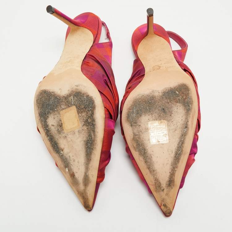 Pre Owned Jimmy Choo Pink/Orange Plaid Fabric Knot Pointed Toe Slingback Pumps Size 40