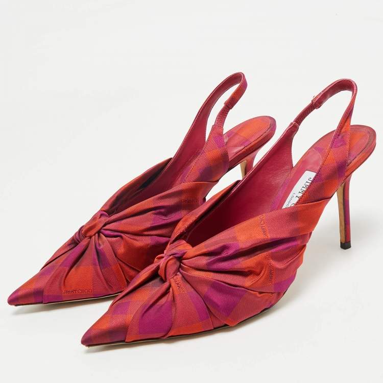 Pre Owned Jimmy Choo Pink/Orange Plaid Fabric Knot Pointed Toe Slingback Pumps Size 40