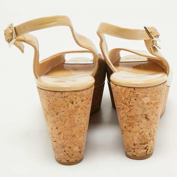 Pre Owned Jimmy Choo Beige Patent Leather Cork Platform Wedge Slingback Pumps Size 39