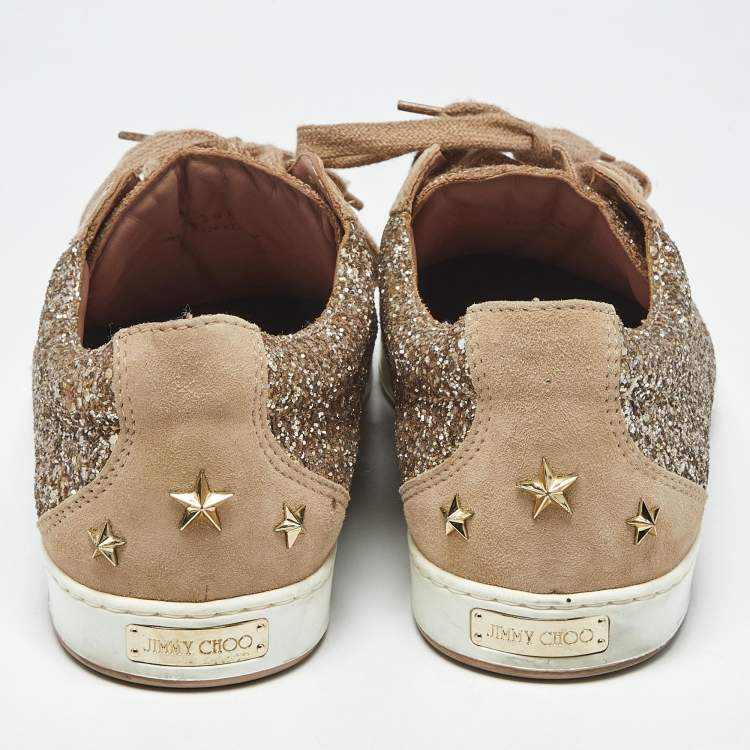 Pre Owned Jimmy Choo Metallic Beige Glitter and Suede Low Top Sneakers Size 39.5