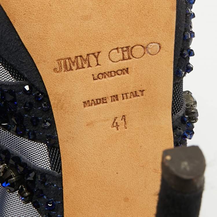 Pre Owned Jimmy Choo Navy Blue Crystal Embellished Suede and Mesh Kershaw Platform Pumps Size 41