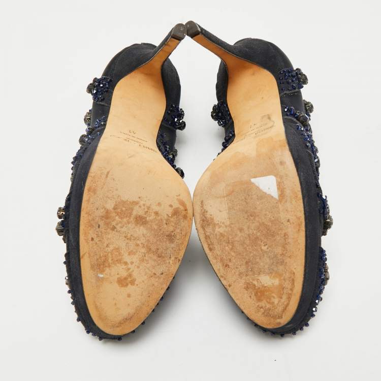 Pre Owned Jimmy Choo Navy Blue Crystal Embellished Suede and Mesh Kershaw Platform Pumps Size 41
