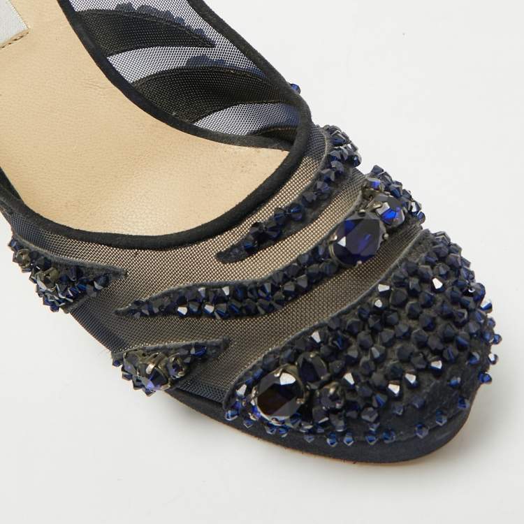 Pre Owned Jimmy Choo Navy Blue Crystal Embellished Suede and Mesh Kershaw Platform Pumps Size 41