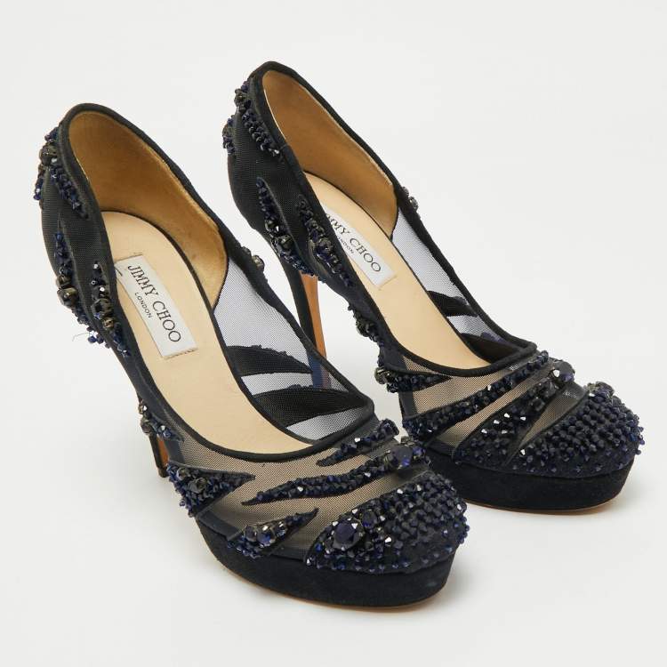 Pre Owned Jimmy Choo Navy Blue Crystal Embellished Suede and Mesh Kershaw Platform Pumps Size 41