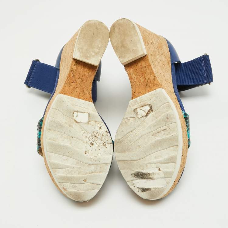 Pre Owned Jimmy Choo Blue Python and Leather Neston Cork Platform Wedge Sandals Size 41