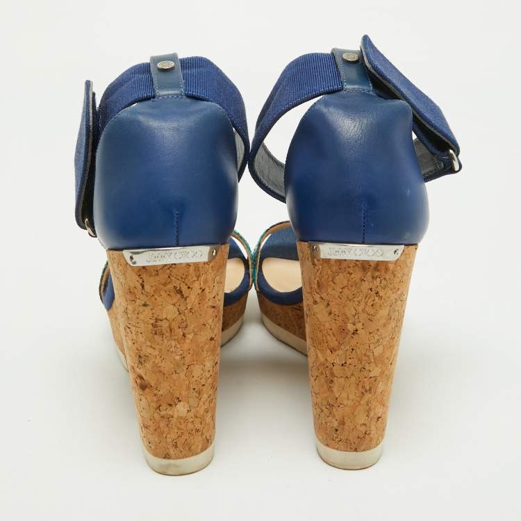 Pre Owned Jimmy Choo Blue Python and Leather Neston Cork Platform Wedge Sandals Size 41