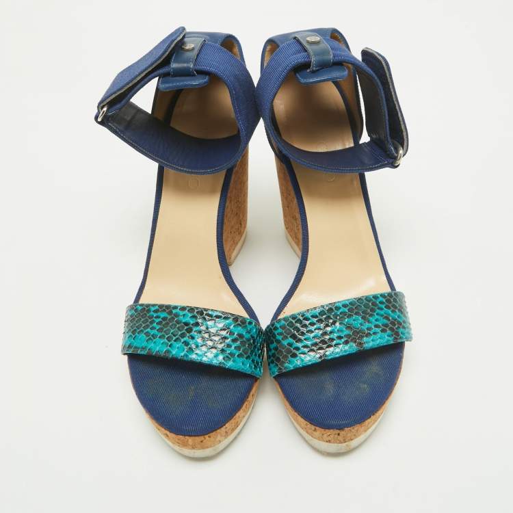Pre Owned Jimmy Choo Blue Python and Leather Neston Cork Platform Wedge Sandals Size 41