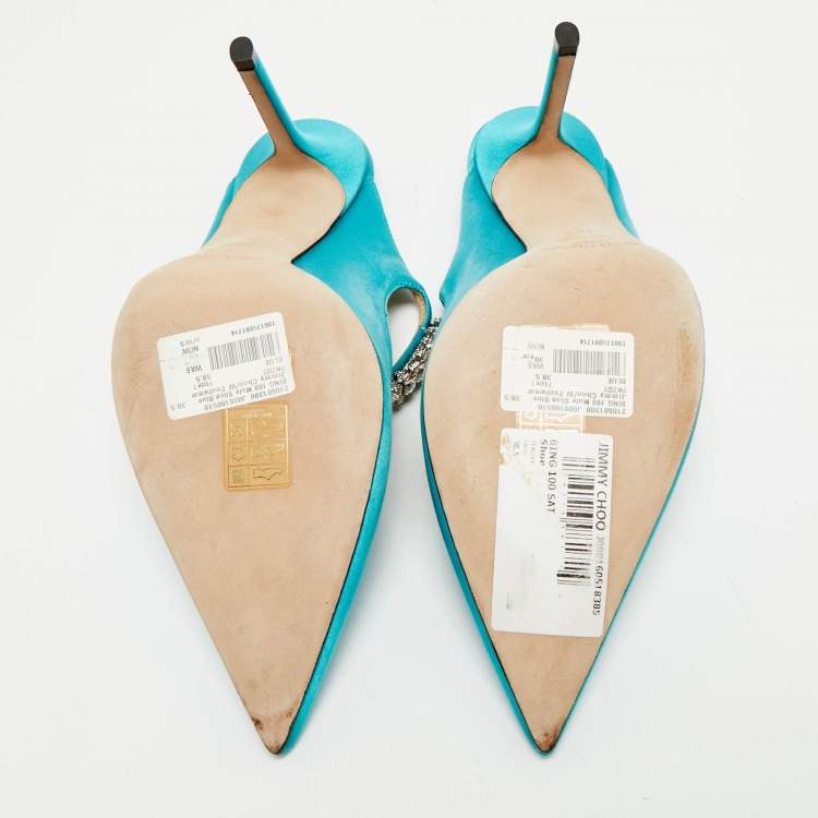 Pre Owned Jimmy Choo Tiffany Blue Satin Bing Mules Size 38.5