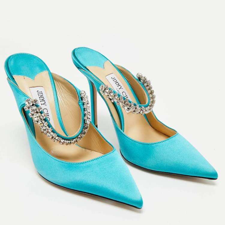 Pre Owned Jimmy Choo Tiffany Blue Satin Bing Mules Size 38.5