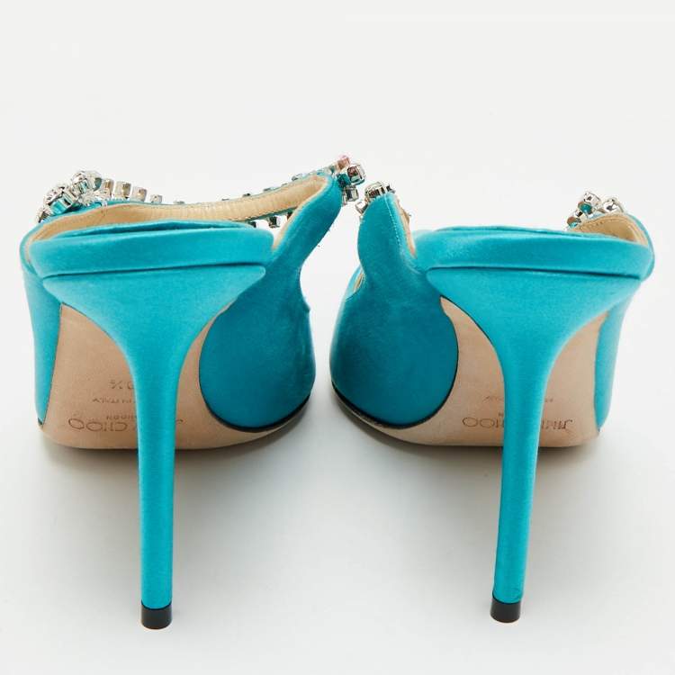 Pre Owned Jimmy Choo Tiffany Blue Satin Bing Mules Size 38.5