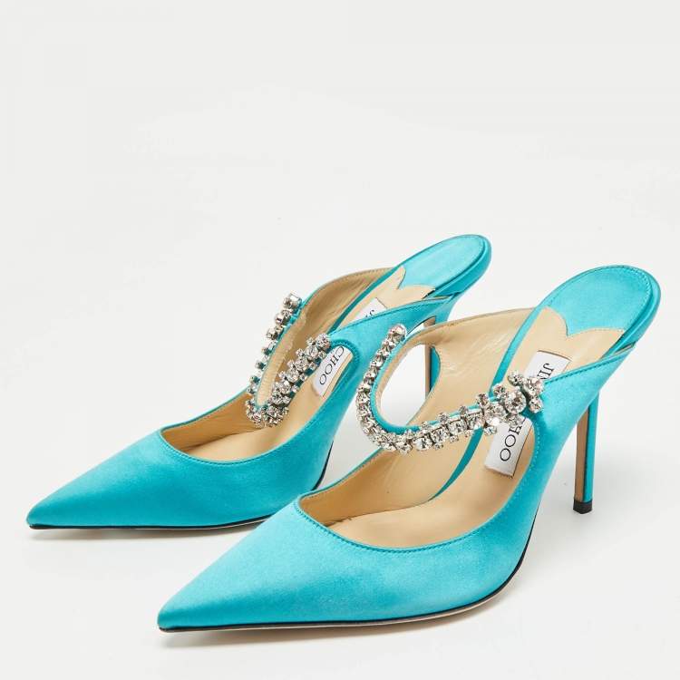 Pre Owned Jimmy Choo Tiffany Blue Satin Bing Mules Size 38.5