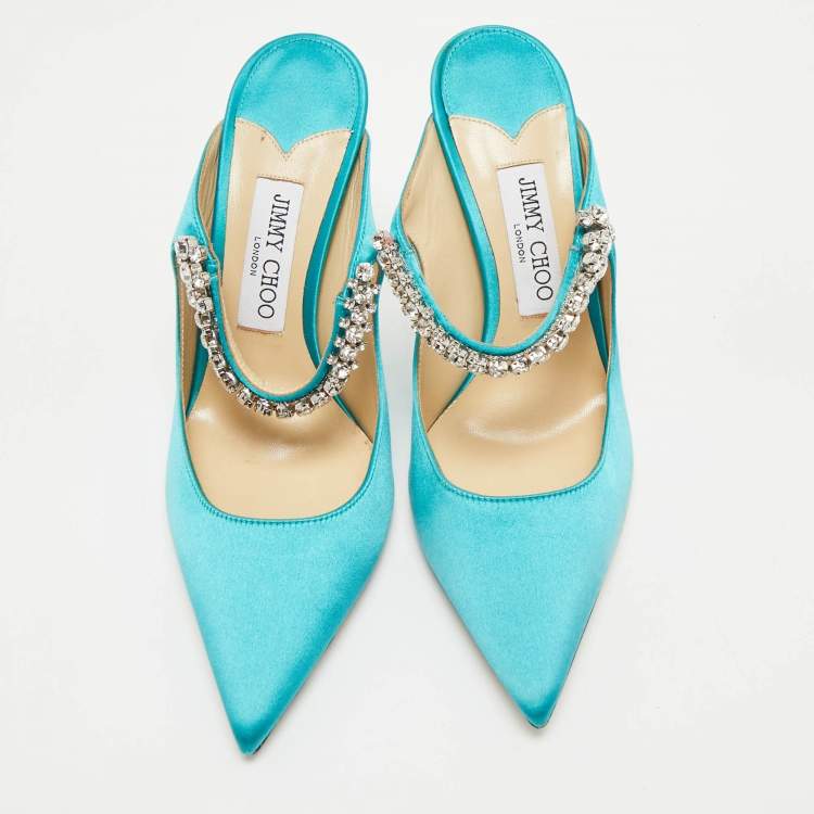 Pre Owned Jimmy Choo Tiffany Blue Satin Bing Mules Size 38.5