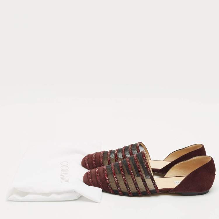 Pre Owned Jimmy Choo Burgundy Suede and Mesh Crystal Embellished Globe Flats Size 40