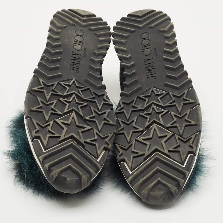Pre Owned Jimmy Choo Green Knit Fabric and Mink Fur Norway Slip On Sneakers Size 37.5