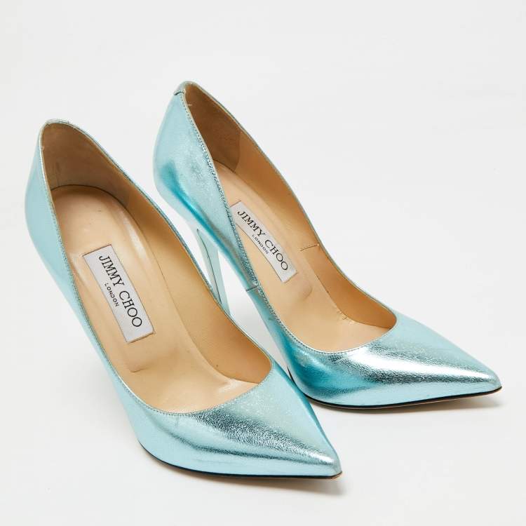Pre Owned Jimmy Choo Light Blue Foil Leather Pointed Toe Pumps Size 38.5