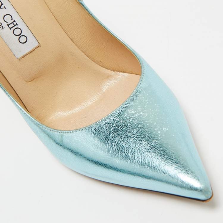 Pre Owned Jimmy Choo Light Blue Foil Leather Pointed Toe Pumps Size 38.5