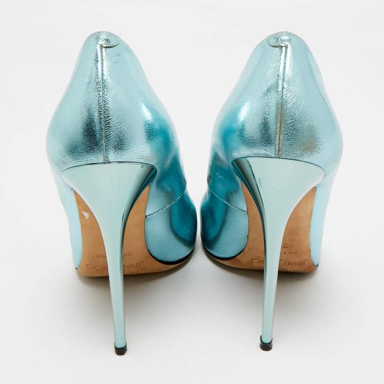 Pre Owned Jimmy Choo Light Blue Foil Leather Pointed Toe Pumps Size 38.5