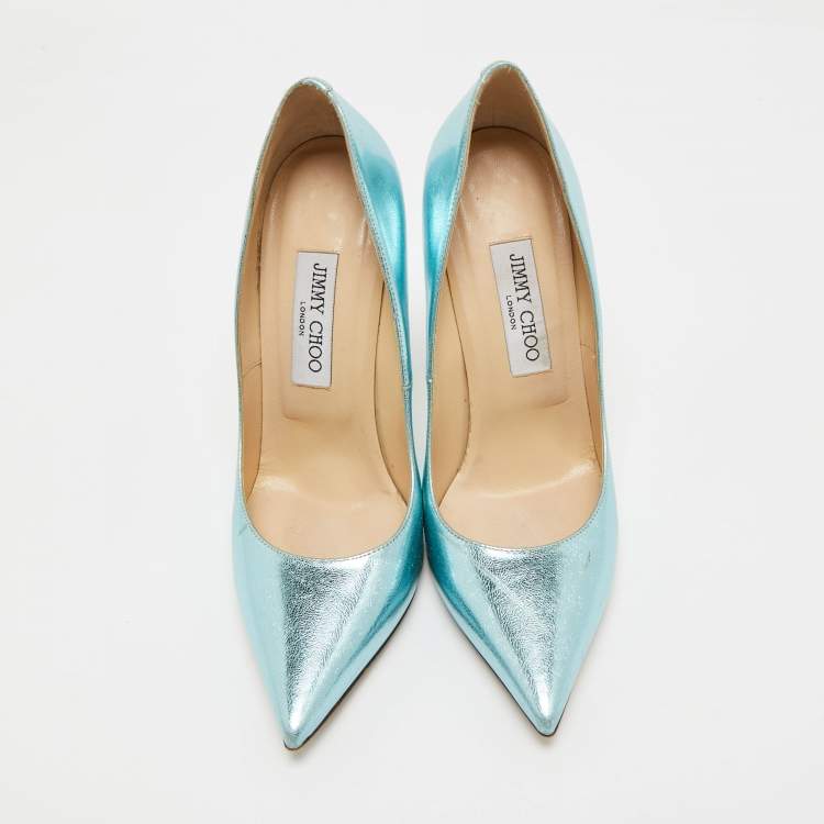 Pre Owned Jimmy Choo Light Blue Foil Leather Pointed Toe Pumps Size 38.5