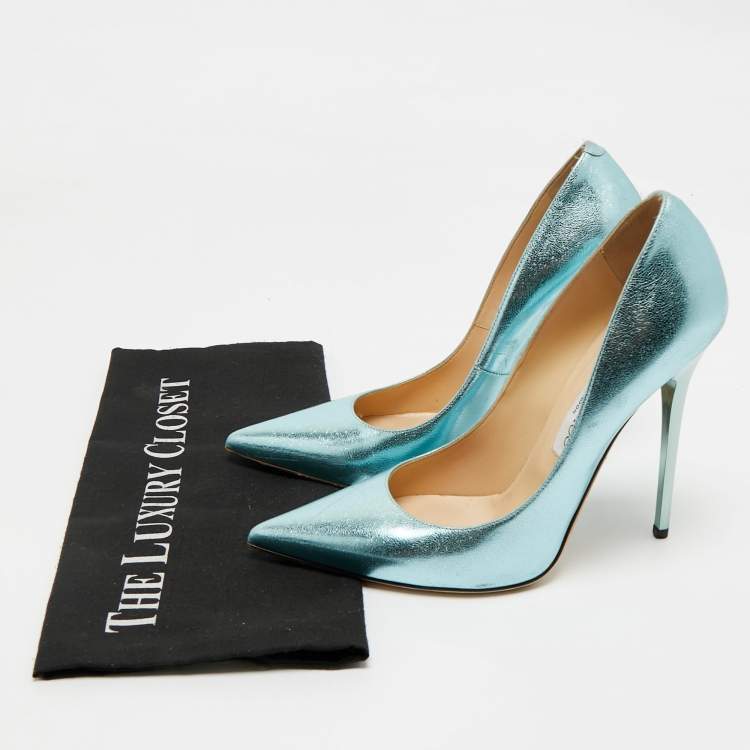 Pre Owned Jimmy Choo Light Blue Foil Leather Pointed Toe Pumps Size 38.5