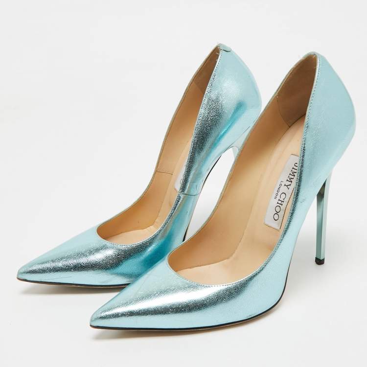 Pre Owned Jimmy Choo Light Blue Foil Leather Pointed Toe Pumps Size 38.5