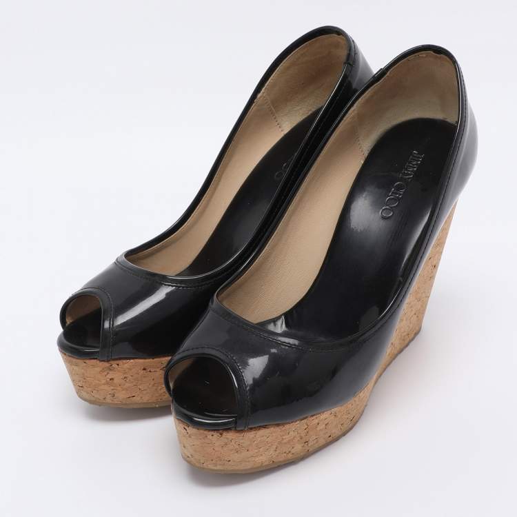 Pre Owned Jimmy Choo Black Patent Papina Open Toe Cork Wedge Pumps Size 38