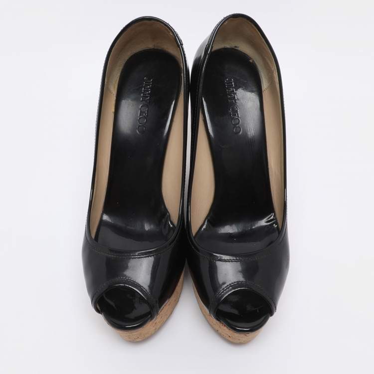 Pre Owned Jimmy Choo Black Patent Papina Open Toe Cork Wedge Pumps Size 38