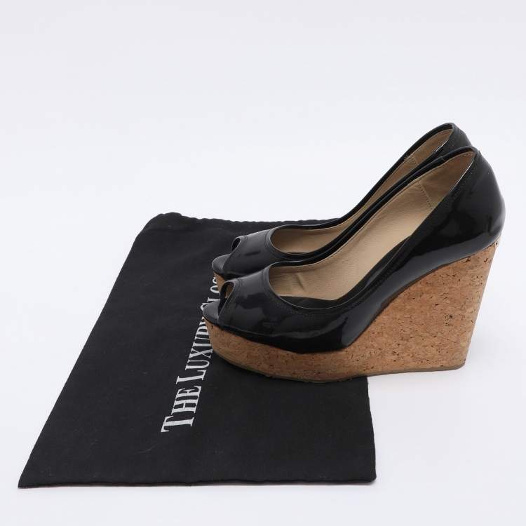 Pre Owned Jimmy Choo Black Patent Papina Open Toe Cork Wedge Pumps Size 38