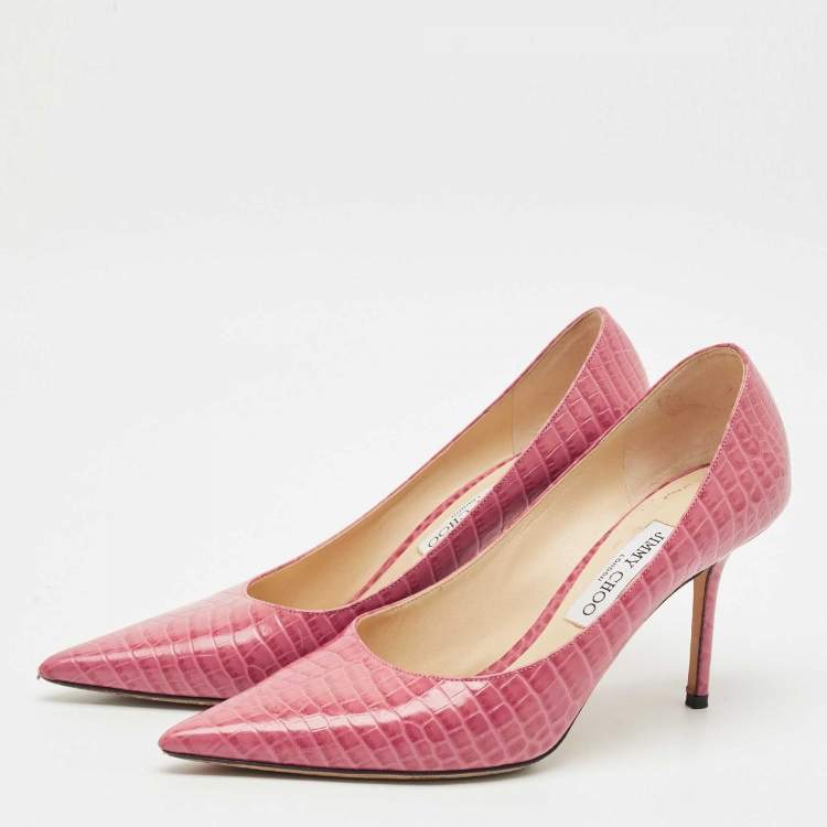Pre Owned Jimmy Choo Pink Croc Embossed Leather Love Pointy Pumps Size 40