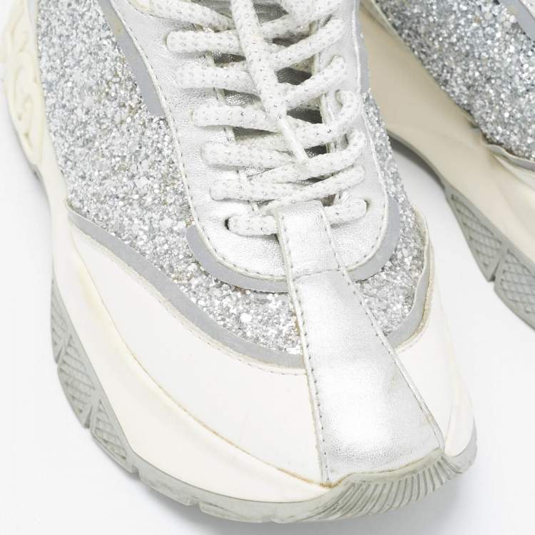 Pre Owned Jimmy Choo Multicolor Glitter and Leather Raine Lace Up Sneakers Size 37