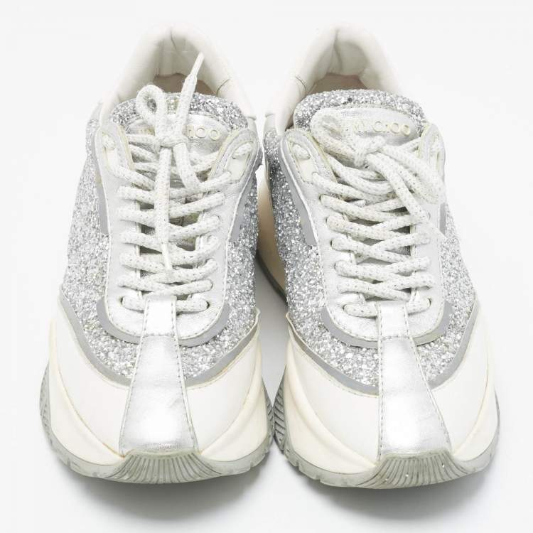 Pre Owned Jimmy Choo Multicolor Glitter and Leather Raine Lace Up Sneakers Size 37