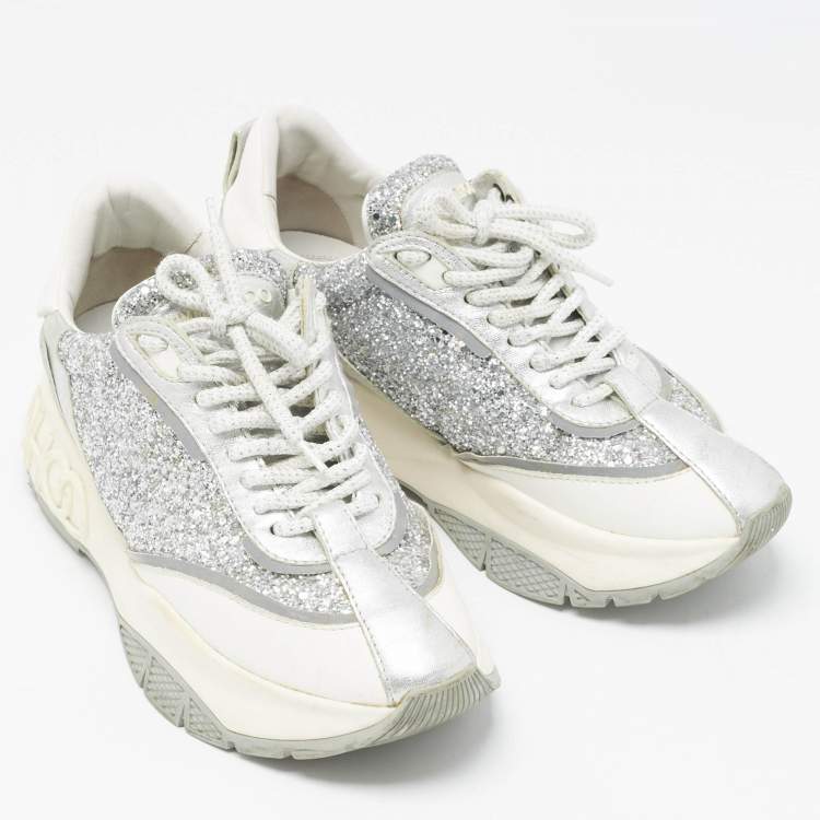 Pre Owned Jimmy Choo Multicolor Glitter and Leather Raine Lace Up Sneakers Size 37