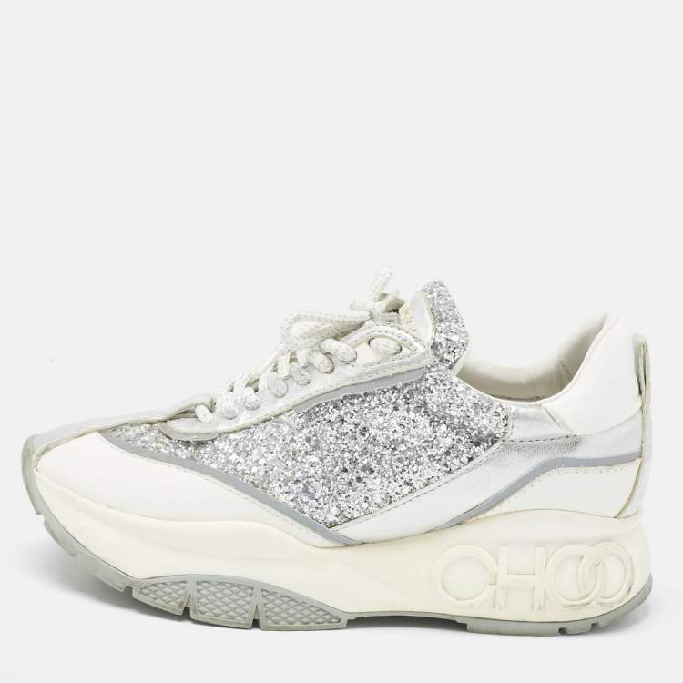Pre Owned Jimmy Choo Multicolor Glitter and Leather Raine Lace Up Sneakers Size 37