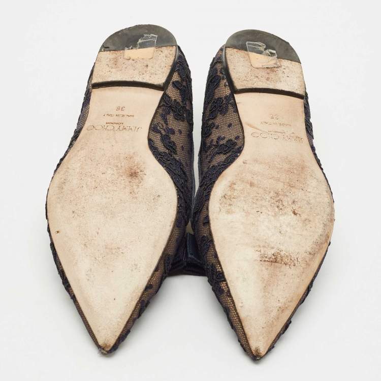 Pre Owned Jimmy Choo Blue Lace and Mesh Gala Bow Ballet Flats Size 36