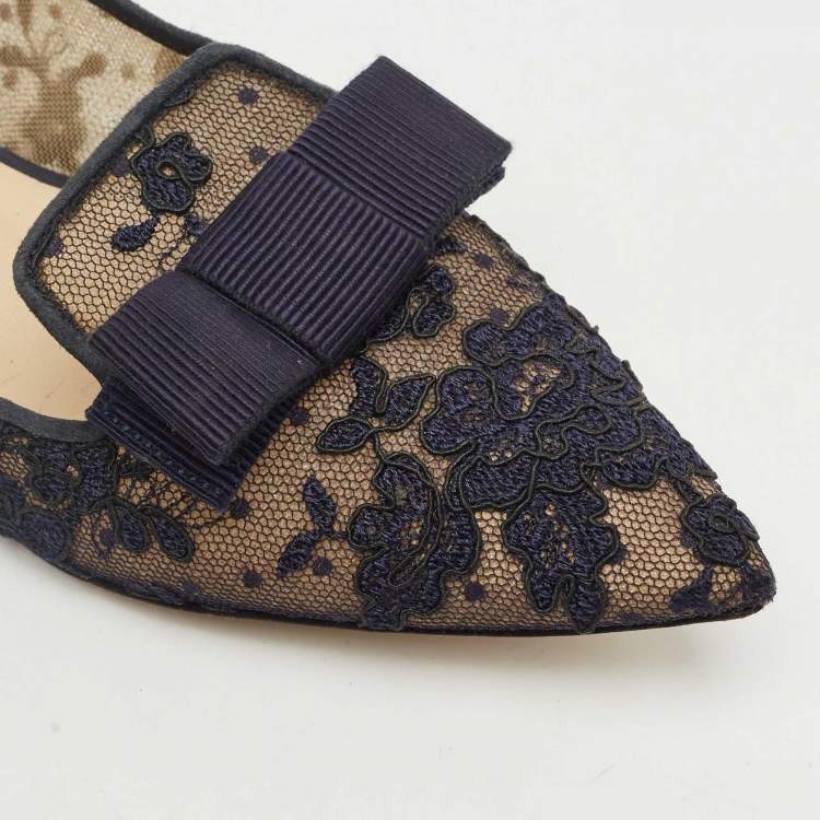 Pre Owned Jimmy Choo Blue Lace and Mesh Gala Bow Ballet Flats Size 36
