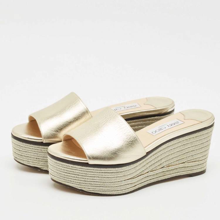 Pre Owned Jimmy Choo Gold Leather Wedge Espadrille Slide Sandals Size 38