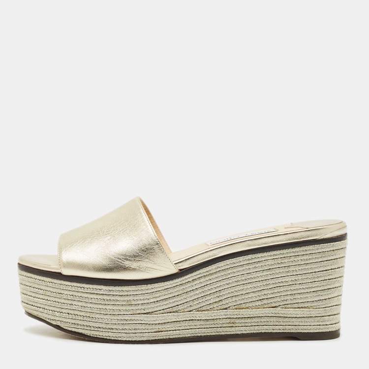 Pre Owned Jimmy Choo Gold Leather Wedge Espadrille Slide Sandals Size 38