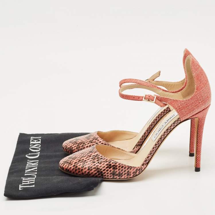 Pre Owned Jimmy Choo Pink/Brown Watersnake and Fabric Ankle Strap Sandals Size 39.5