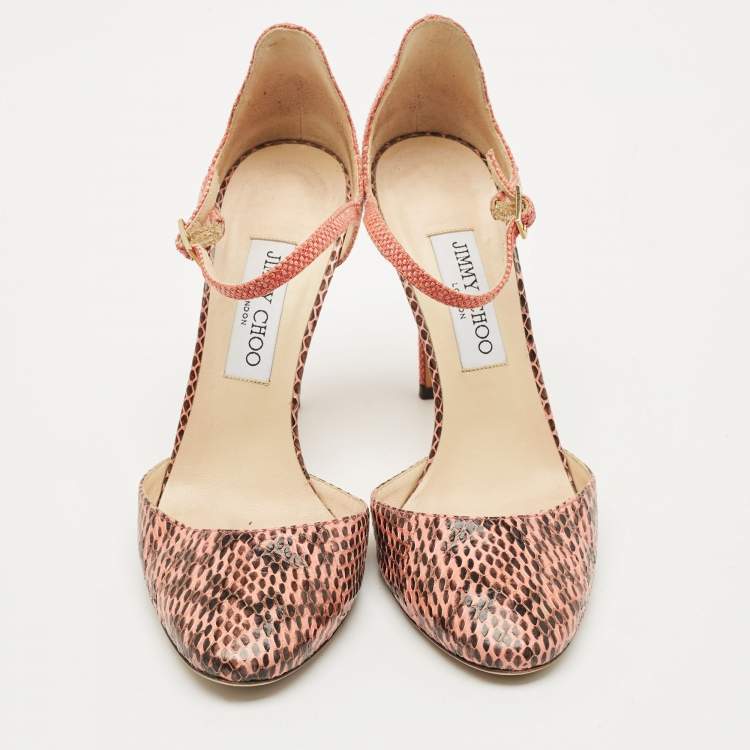 Pre Owned Jimmy Choo Pink/Brown Watersnake and Fabric Ankle Strap Sandals Size 39.5