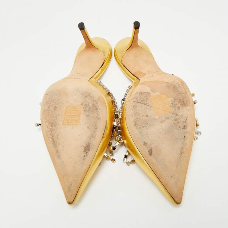 Pre Owned Jimmy Choo Gold Leather Crystals Embellished Heel Mules Size 38