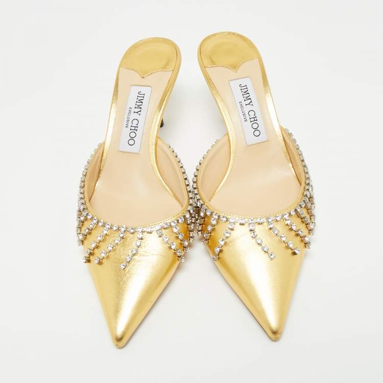 Pre Owned Jimmy Choo Gold Leather Crystals Embellished Heel Mules Size 38