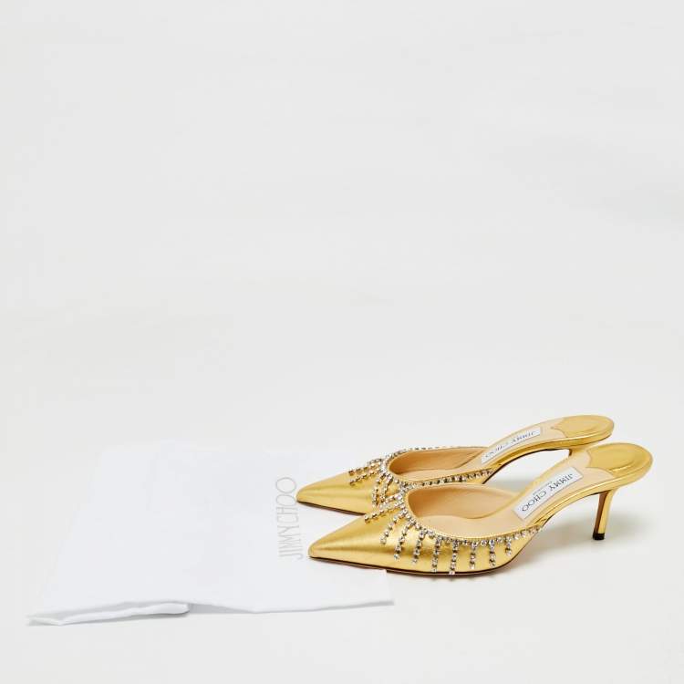 Pre Owned Jimmy Choo Gold Leather Crystals Embellished Heel Mules Size 38